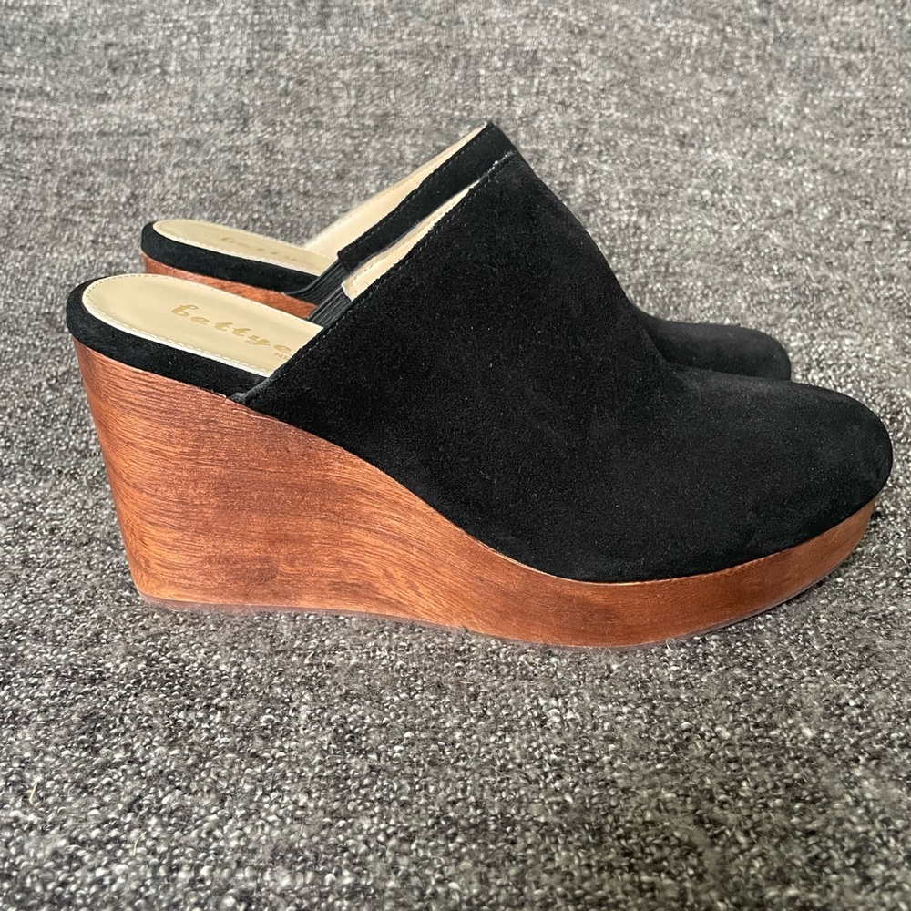 NEW Garnet Hill Bettye Muller Hacket Clog Black Suede Wooden Wedge Women’s 8